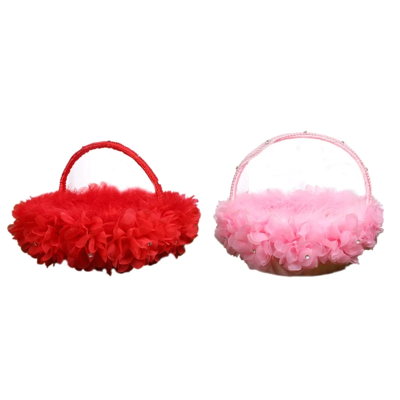 Top Trends: Flower Girl Basket Small Satin Cloth Baskets With Lace Handle Ostrich Fluff Faux Flowers Decor For Wedding Ceremony Shoppable Styles