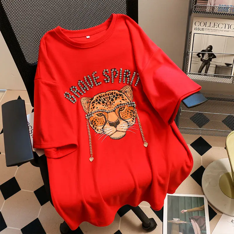 Top Trends: Short Sleeve T-shirt Women's Large Cotton Loose Half Sleeve Summer New European Station Exquisite Rhinestone Tiger Top Shoppable Styles