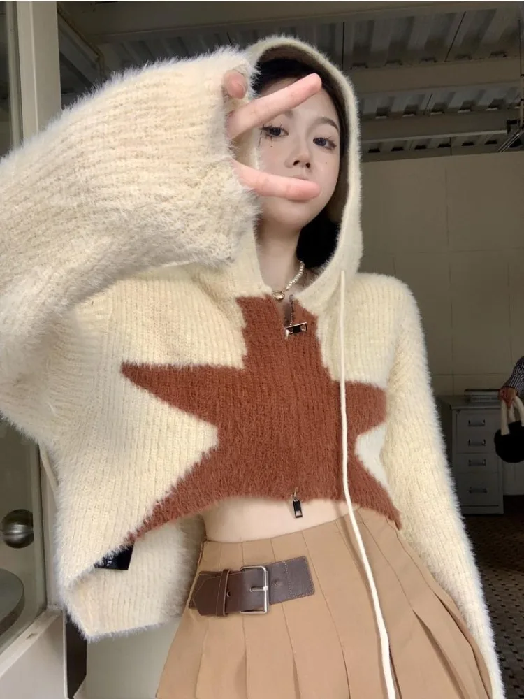 Top Trends: Deeptown Y2K Beige Crop Knit Sweater Women Gyaru Vintage Star Cardigan Tops Korean Style Streetwear Jersey Loose Hoodie Egirl Shoppable Styles