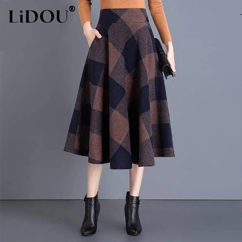 Top Trends: Autumn Winter High Waist Vintage Plaid Printing Elegant Fashion Skirt Female Oversized All-match Woolen Skirts Women&#039;s Clothing Shoppable Styles