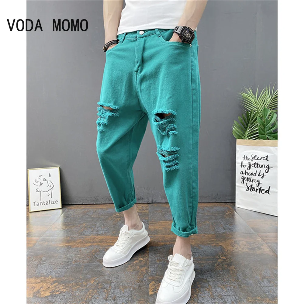 Top Trends: Japanese Trend New Men's Ripped Hole Jeans White Green Black Ankle Length Youth Fashion Loose Denim Harem Cargo Pants Shoppable Styles