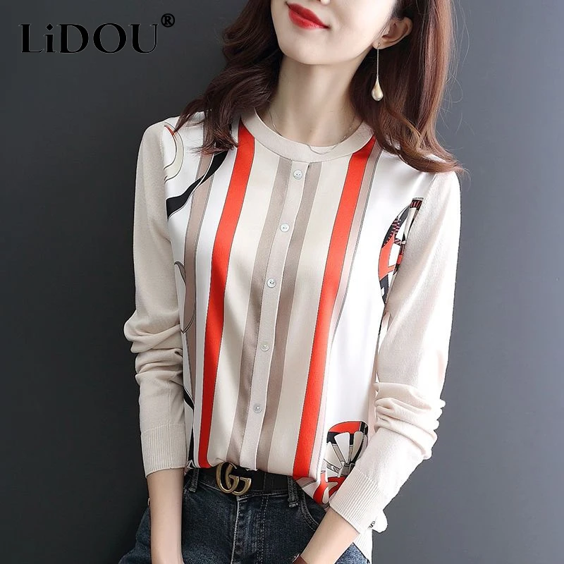 Top Trends: 2023 Spring Autumn New Printing Fashion Round Neck Long Sleeve Knitting Cardigan Women Casual Vintage Elegant Korean Style Tops Shoppable Styles