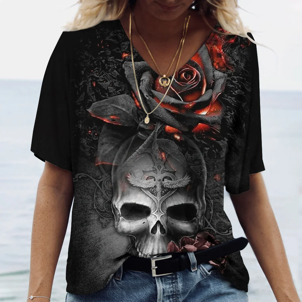 Top Trends: 2022 New Women&#039;s T-shirts Skull Print Women&#039;s Short-sleeved Tops V-neck Pullover Streetwear Oversized T-shirts Summer Clothing Shoppable Styles