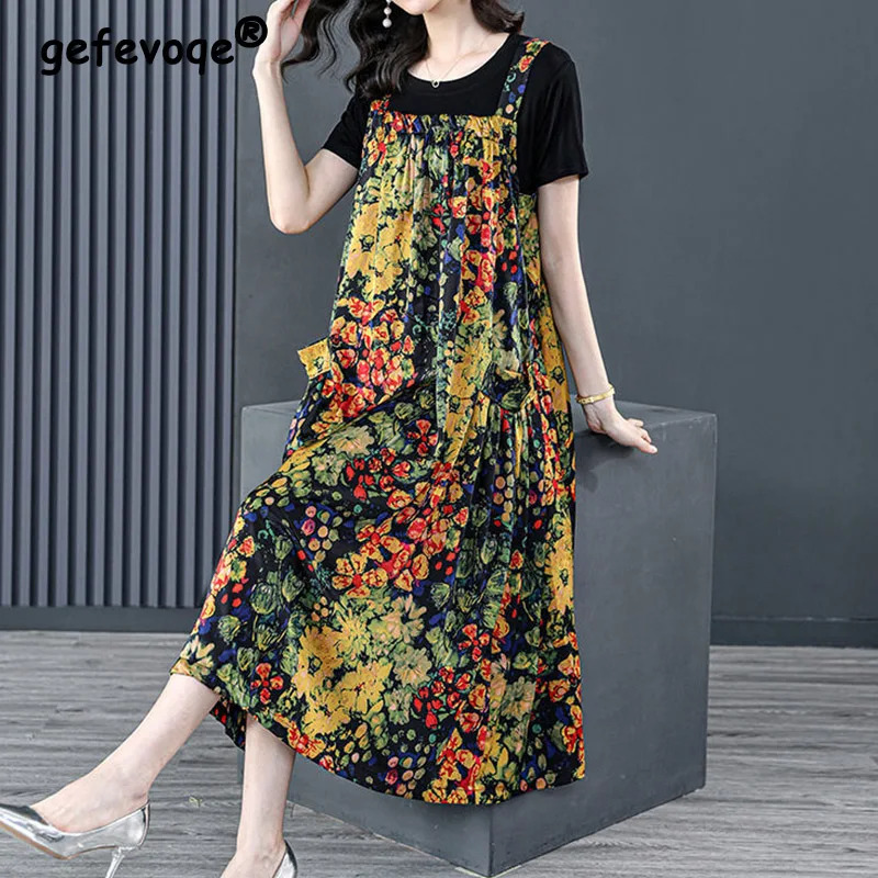 Top Trends: Casual Floral Printing Pockets Slip Dresses Black T-shirt Two Piece Sets Summer 2023 New Short Sleeve O-Neck Loose Women&#039;s Suit Shoppable Styles