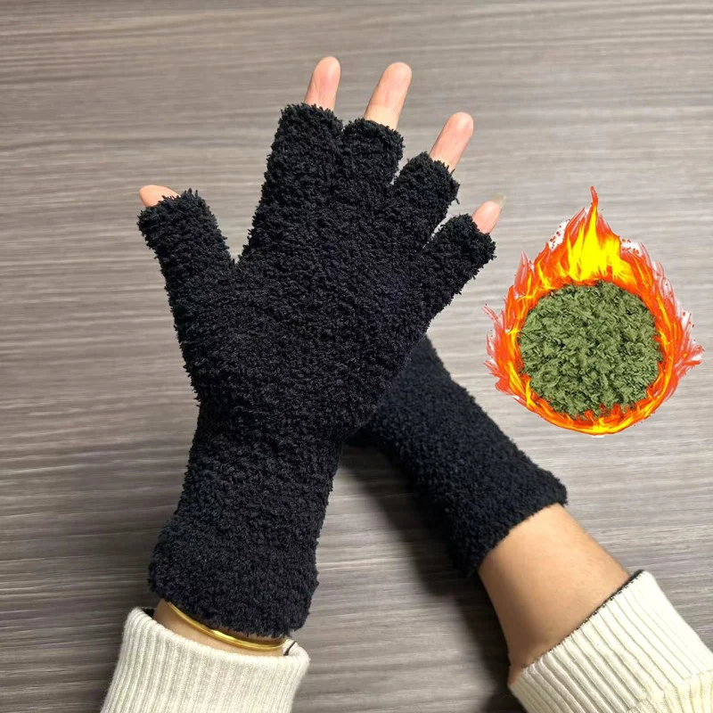 Top Trends: Soft Plush Gloves Women Winter Thicken Coral Fleece Long Arm Touchscreen Fingerless Glove Warm Half Finger Outdoor Work Mittens Shoppable Styles