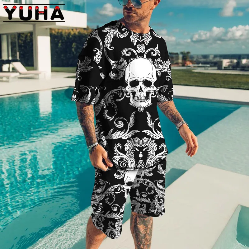 Top Trends: YUHA, Summer Men&#039;s Clothing T Shirt Sets 3D Terrible Skeleton Print Casual Shorts Tracksuit Male 2 Piece Suit Newest Short Sleev Shoppable Styles