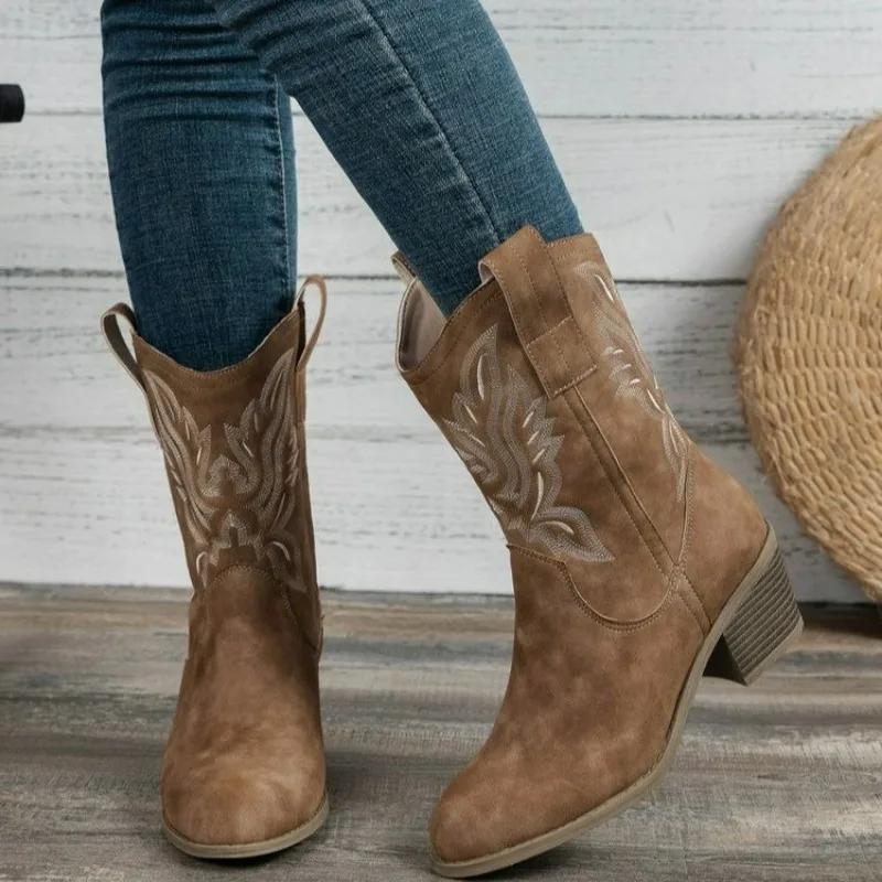 Top Trends: 2023 Hot Sale Women's Shoes Sleeve Women's Boots Winter Pointed Toe Suede Shoes Ladies Middle Tube Chunky Heel Fashion Boots Shoppable Styles - Image 2