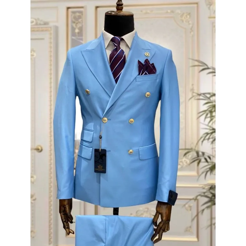 Top Trends: Light Blue Red Green Double Breasted Slim Fit Men Suits Wedding Tuxedos Groom Business Party Prom Best Man Blazer Costume Homme Shoppable Styles