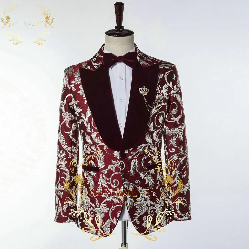 Top Trends: SZMANLIZI 2022 Burgundy Jacquard Prom Men Suits For Wedding Slim Fit Groom Tuxedos Male Party Blazer 2 Pieces Set Costume Homme Shoppable Styles - Image 2