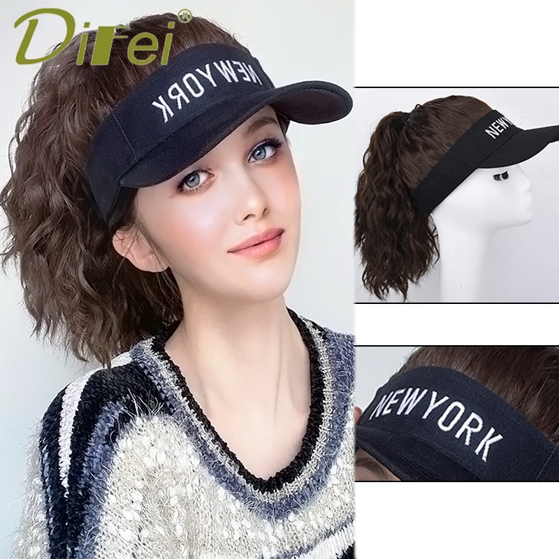 Top Trends: DIFEI Synthetic Hat Wig Shade Sun Cap Hair Extension Curly Woman Fashion Daily Wear Black Brown Water Ripple Hair Extensions Shoppable Styles