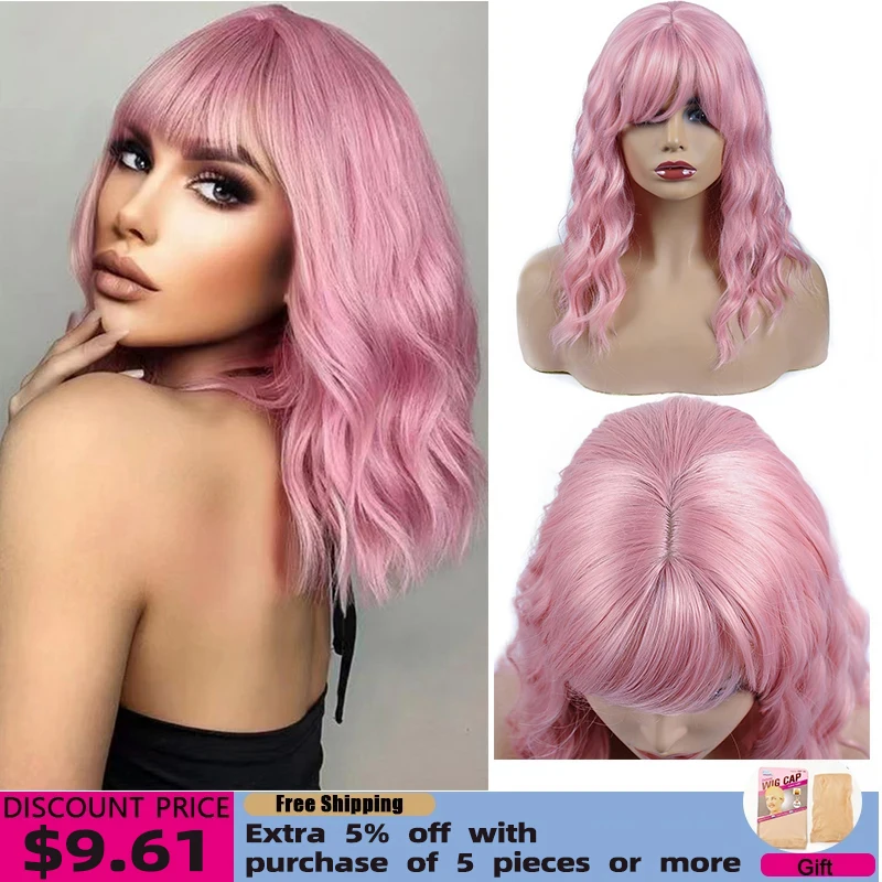 Top Trends: Short Bob Wavy Wigs Pink Wigs With Bangs Natural Hair Synthetic Shoulder Length Wig Daily Cosplay Use Heat Resistant Shoppable Styles