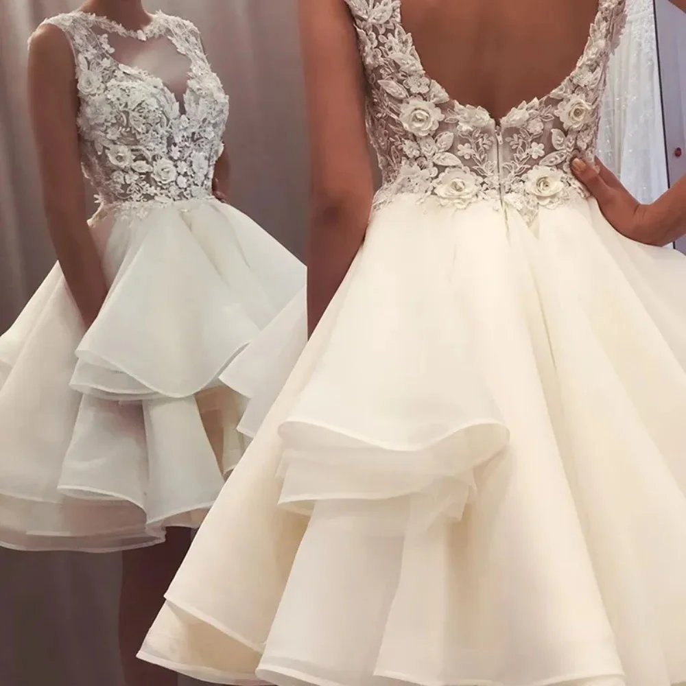 Top Trends: New Lovely Short Mini Wedding Dresses 2024 Sheer O-Neck Lace 3D Flower Sleeveless A-Line Wedding Party Dress Birthday Dress Robe Shoppable Styles