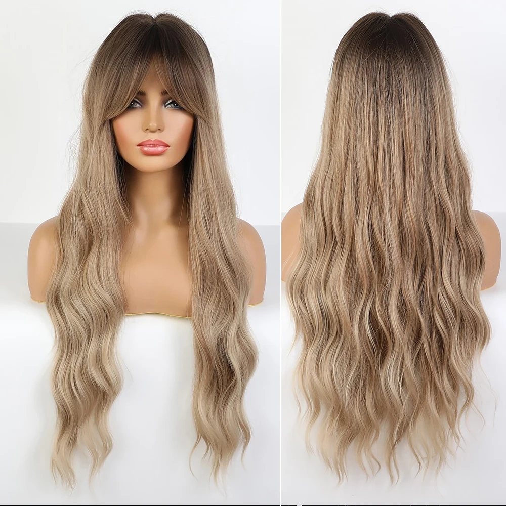 Top Trends: Emmor Synthetic Long Wavy Wigs With Bangs For Women Cosplay Natural Ombre Brown To Light Blonde Hair Wig High Temperature Fiber Shoppable Styles