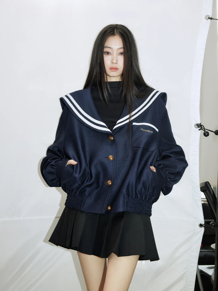 Top Trends: ADAgirl Vintage Sailor Collar Jacket Women Patchwork Long Sleeve Oversize Coat Preppy Style Uniform Old Money Aesthetics Outfits Shoppable Styles