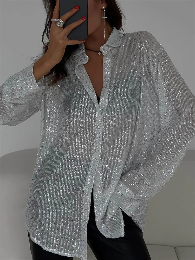 Top Trends: Tossy Sequin Loose Fashion Shirts Female Casual Lapel Cardigan Summer Clothes New Outwear Glitter Party Blouse Luxury Women&#039;s Shoppable Styles