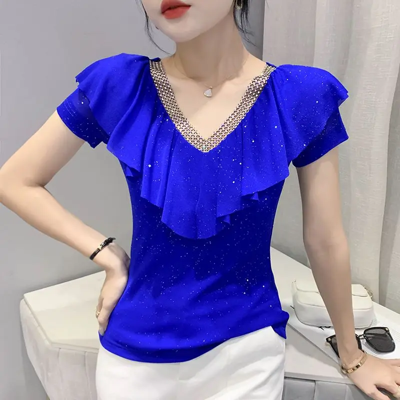 Top Trends: Elegant V-Neck Diamonds Hollow Out Ruffles Folds Blouse Female Clothing 2023 New Oversized Casual Tops Office Lady Shirt Shoppable Styles