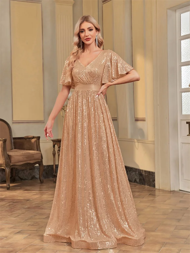 Top Trends: XUIBOL Elegant V Neck Short Sleeves Gold Evening Dresses Women Sequins Wedding Party A-line Prom Maxi Cocktail Dresses Gown Shoppable Styles