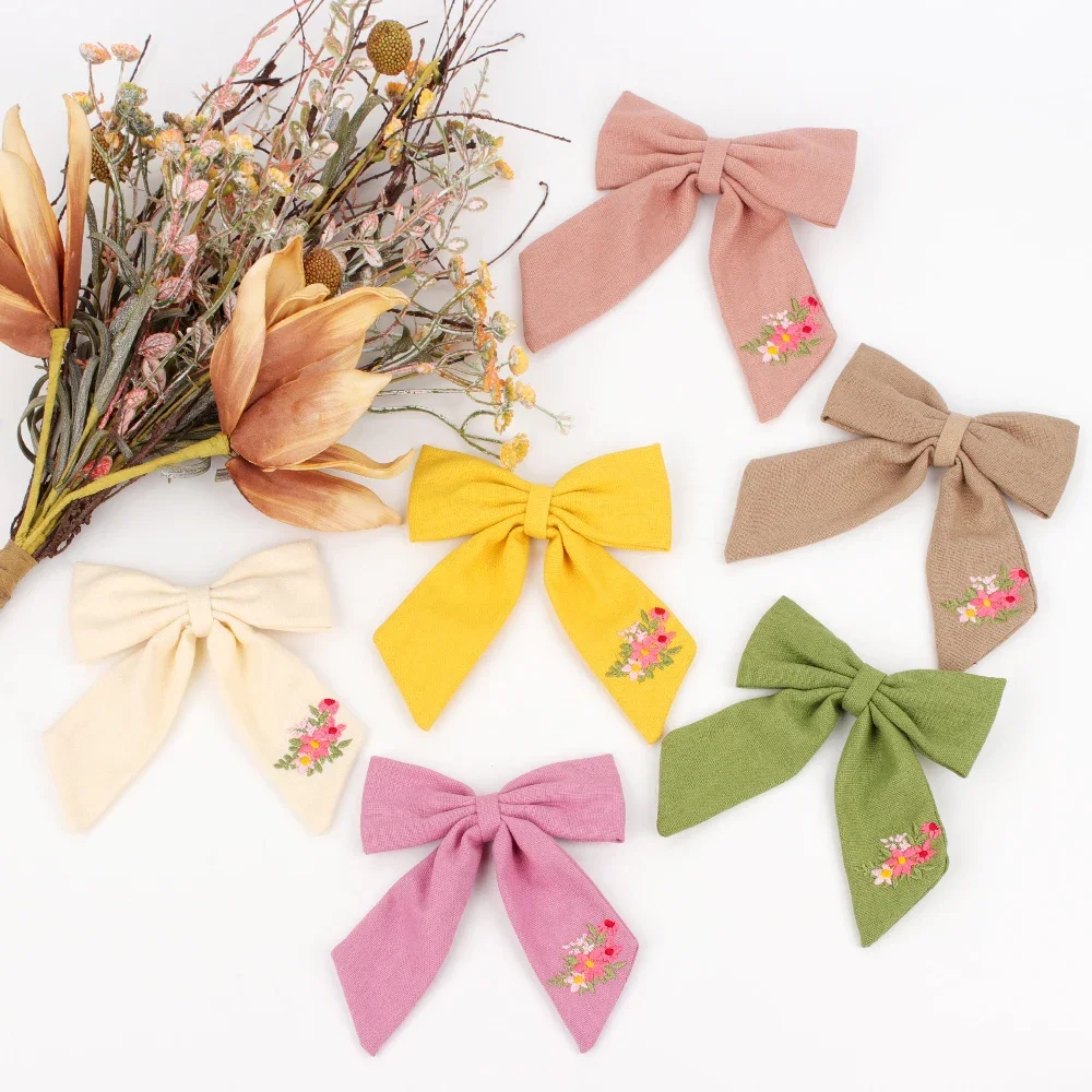 Top Trends: Embroidery Hair Bows Cotton Linen Barrette Baby Girls Big Bows Hairclip Children Cute Infant Spring Summer Hair Accessories Shoppable Styles - Image 4