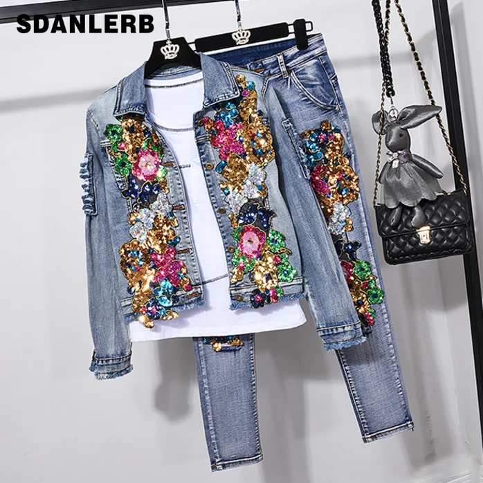 Top Trends: European Style Denim Suit Fashion Outfit Women New Flower Sequined Denim Jacket Short Jacket &amp; Jeans Pants Two-Piece Set Female Shoppable Styles