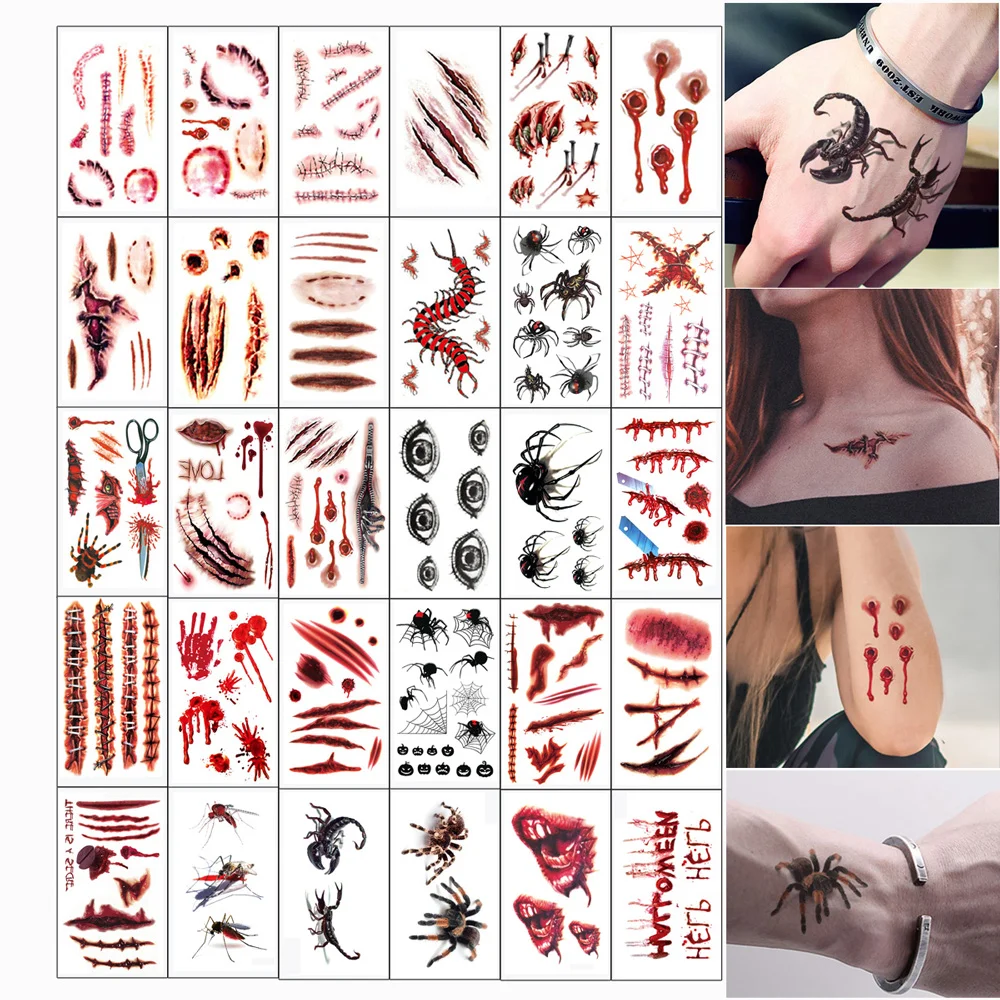 Top Trends: 30 Pcs Temporary Tattoo Stickers For Halloween Makeup Party Bleeding Wound, Horrifying Scar Fake Tattoo For Face Small Tatoo Shoppable Styles