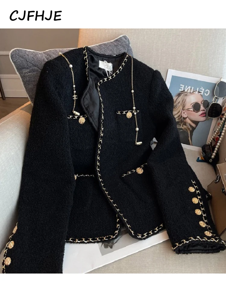 Top Trends: CJFHJE New Black Woven Gold-Rimmed Round Neck Suit Jacket Women&#039;s Popular Beautiful Chic Short Fragrance Spring Autumn Blazers Shoppable Styles