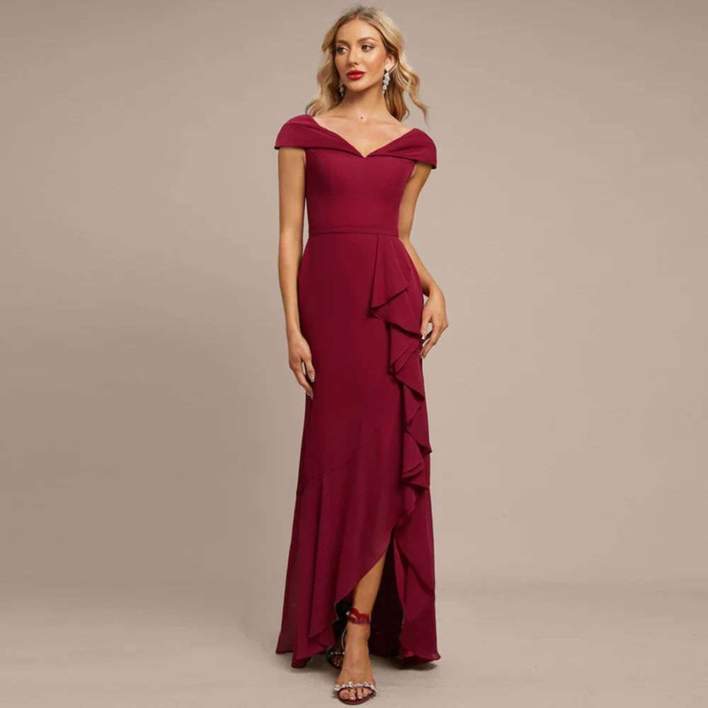 Top Trends: Burgundy Mother Of The Bride Dresses V-Neck Ruffles Cap Sleeve Side Split Long Wedding Guest Dress Simple Formal Prom Gown Shoppable Styles