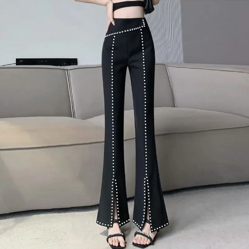 Top Trends: Korean Fashion Women Black Flare Pants Spring Autumn New Slim High Waist Streetwear Casual Split All-match Y2K Diamond Trousers Shoppable Styles - Image 5