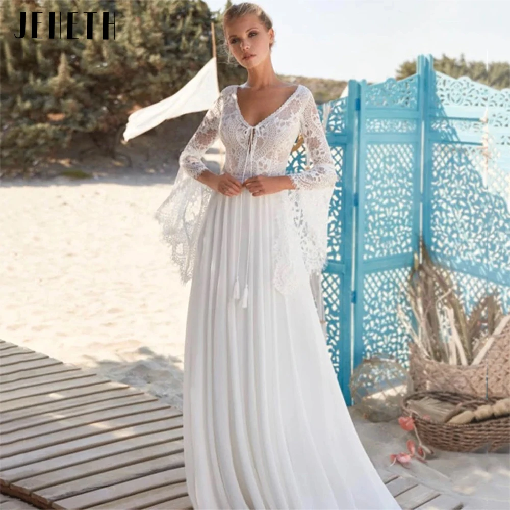 Top Trends: Bohemian Flare Sleeve Lace Chiffon V-Neck Beach Wedding Dresses Backless A-Line Boho Bridal Gowns Long Sweep Train For Women Shoppable Styles