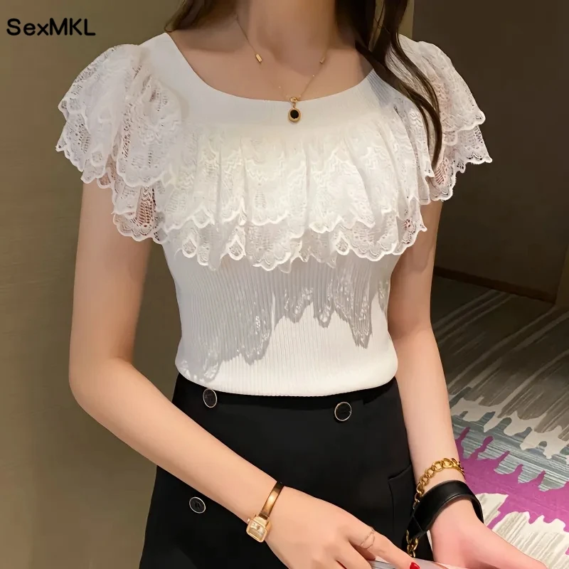 Top Trends: Casual Lace Knitted Tops T-shirts Women 2023 Fashion Elastic White Black Purple Top Sexy Ladies Kawaii T Shirts Korean Clothes Shoppable Styles