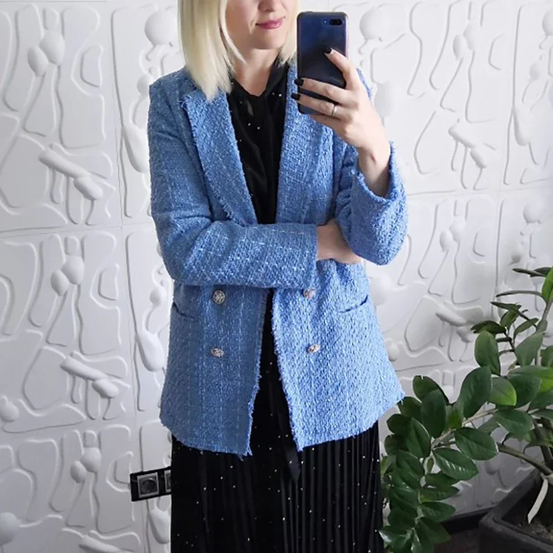 Top Trends: Spring Tweed Blue Blazers 2023 Fashion Solid Loose Blazer Autumn Casual Double Breasted Streetwear Jackets Cool Girls Chic Coat Shoppable Styles