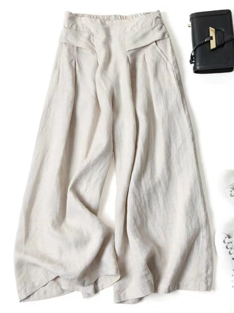 Top Trends: Summer Pants For Women Cotton Linen Large Size Wide Leg Pants Femme Arts Style Elastic Waist Solid Casual Loose Pantalon Shoppable Styles