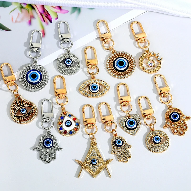 Top Trends: Fashion Blue Evil Eye Keychains Gold Silver Color Crystal Fatima Hasma Hand Charm Key Ring Accessories Shoppable Styles