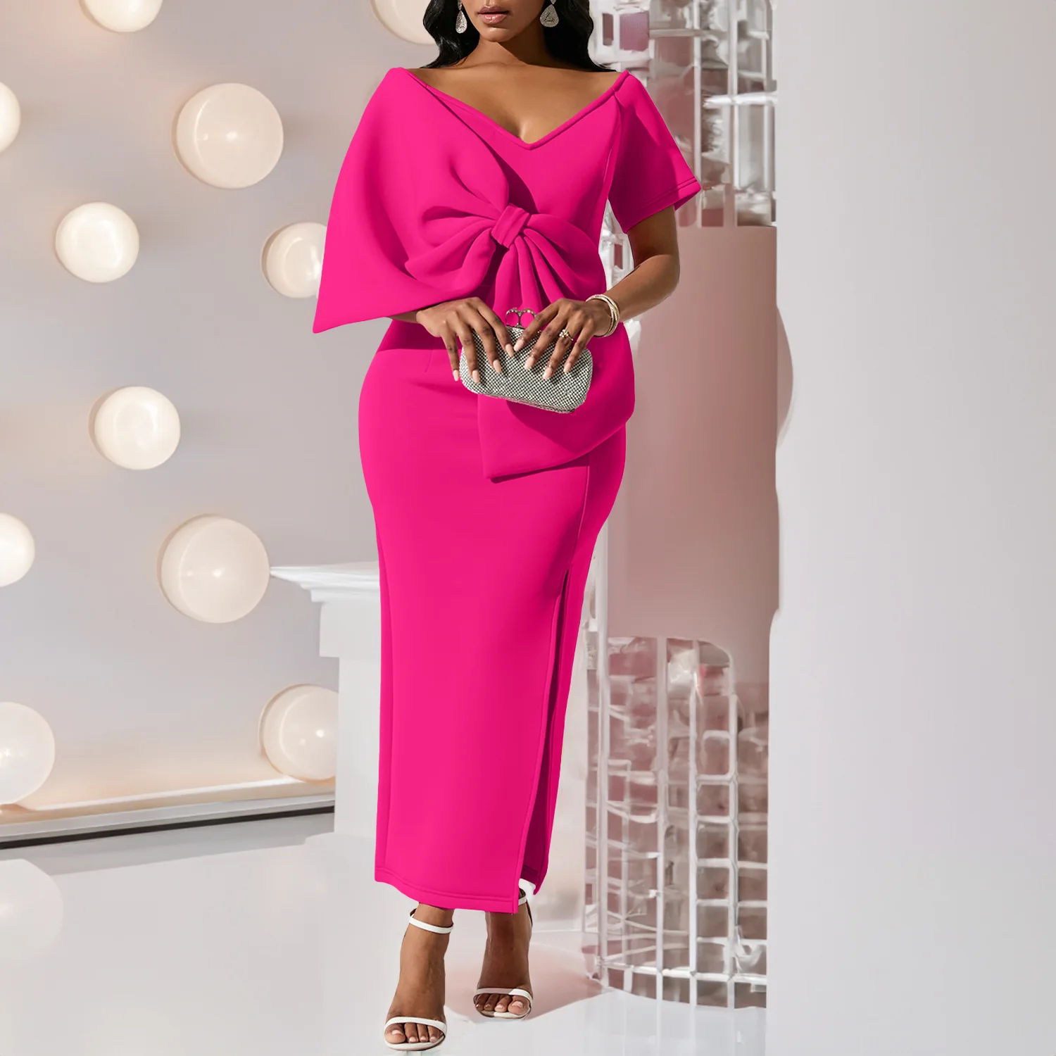 Top Trends: Sexy Off Shoulder V Neck Big Bow Bodycon Dress Evening Party Dress Women Elegant Short Sleeve Backless High Slit African Gowns Shoppable Styles