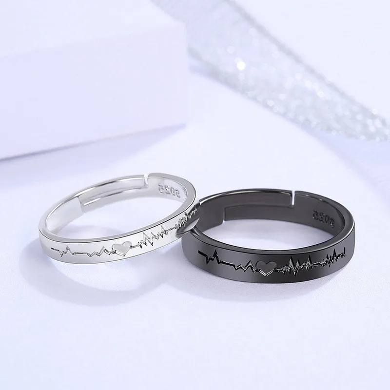 Top Trends: 2Pcs / set Romantic Couple Rings For Women Men Punk Heart ECG Black White Forever Love Promise Wedding Ring Valentine'S Day Gift Shoppable Styles