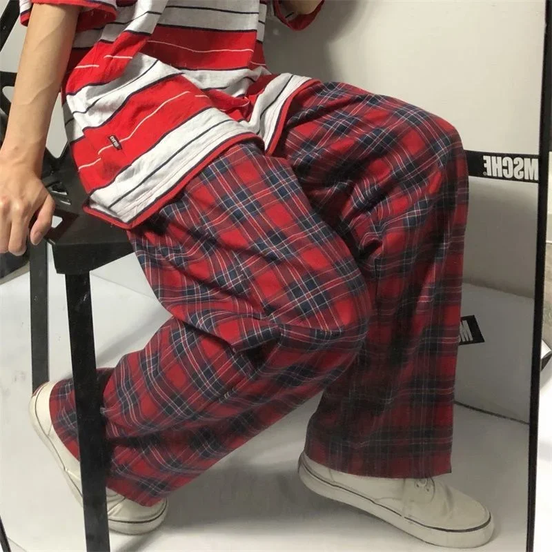 Top Trends: Women Gothic Korean Fashion Oversized Wide Leg Sweatpants Harajuku Red Plaid Pants Classic Pants Streetwear Checked Trousers Shoppable Styles