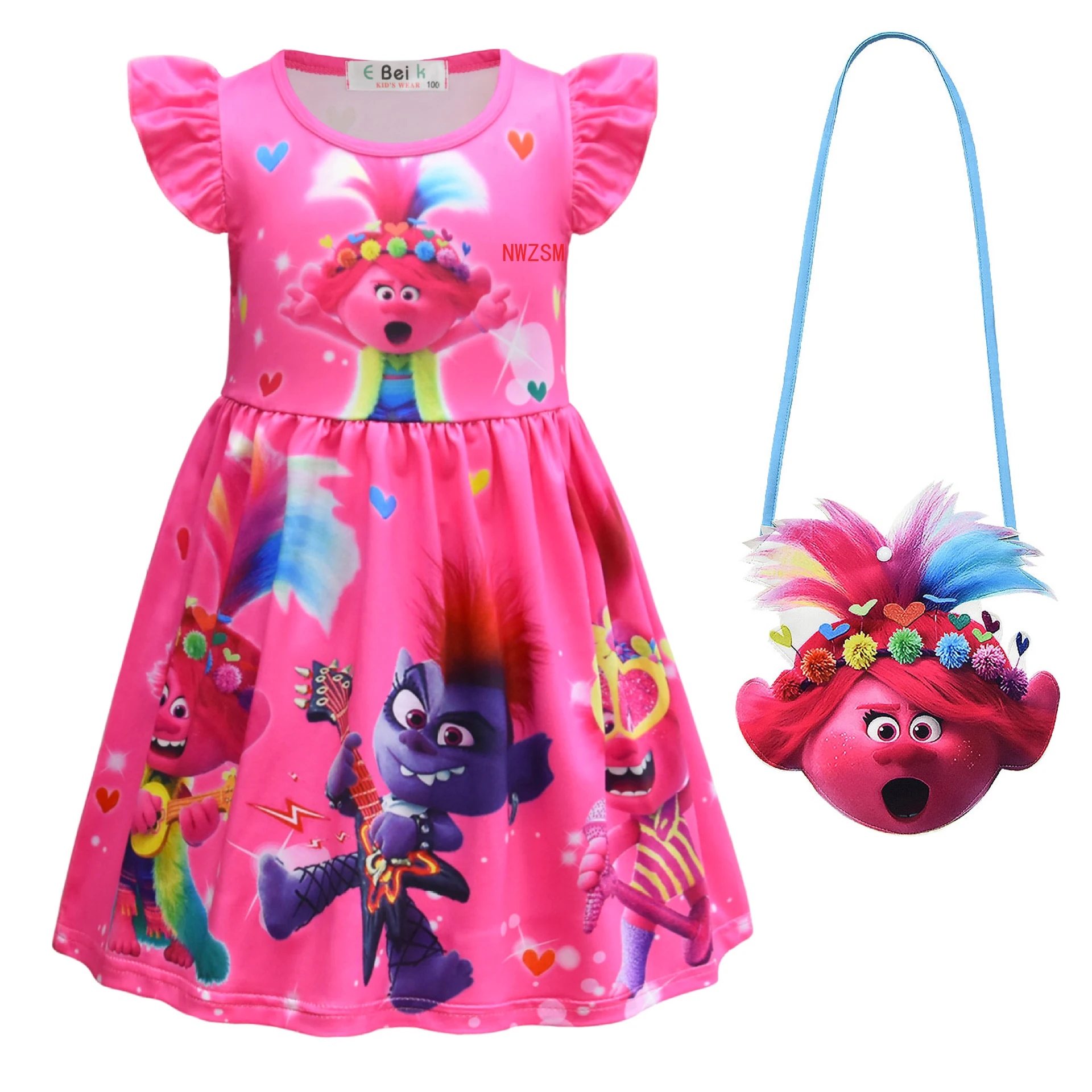 Top Trends: Kids Trolls Dress For Girls Summer Cartoon Children Clothing Milk Silk Ruffle Sleeve Princess Dresses Birthday Floral Clothes Shoppable Styles