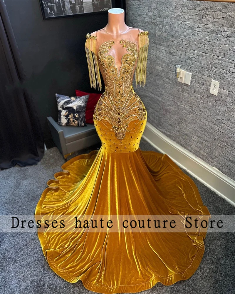 Top Trends: Luxury Gold Diamonds Mermaid Prom Dresses 2024 For Black Girls Crystal Tassles Birthday Party Gowns Rhinestones Evening Dresses Shoppable Styles