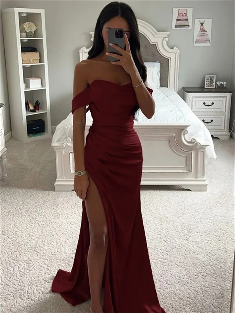 Top Trends: Elegant Sheath / Column Elastic Woven Satin Ruched Off-the-Shoulder Sleeveless Floor Length Backless Sweep / Brush Train Dresses Shoppable Styles - Image 4