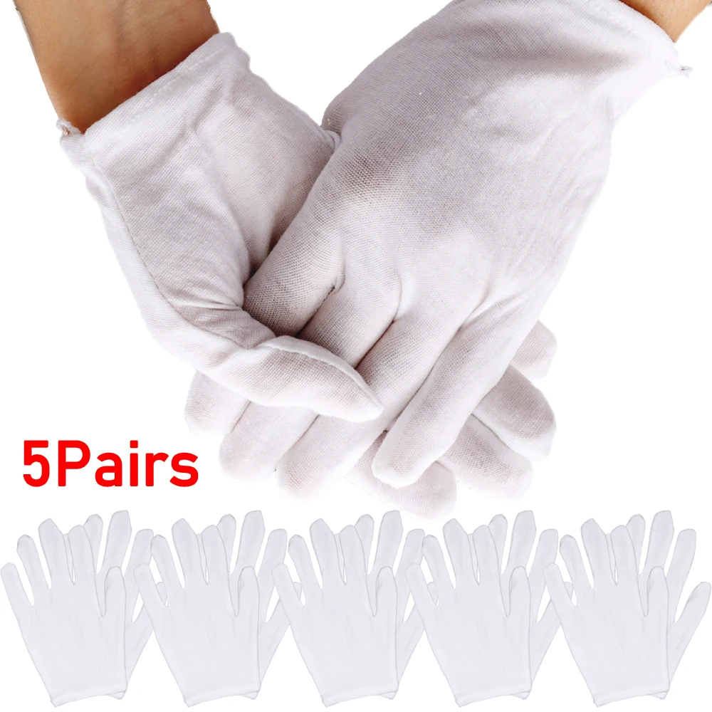 Top Trends: 5Pairs White Cotton Work Gloves Protective Handling Film SPA Gloves Household Cleaning Woodworker Anti-friction Stretchy Glove Shoppable Styles