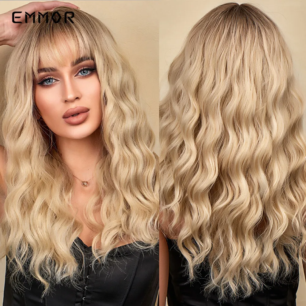 Top Trends: Emmor Synthetic Ombre Brown To Light Blonde Hair Wig With Bangs Natural Wavy Wig For Women Cosplay Heat Resistant Fiber Wigs Shoppable Styles