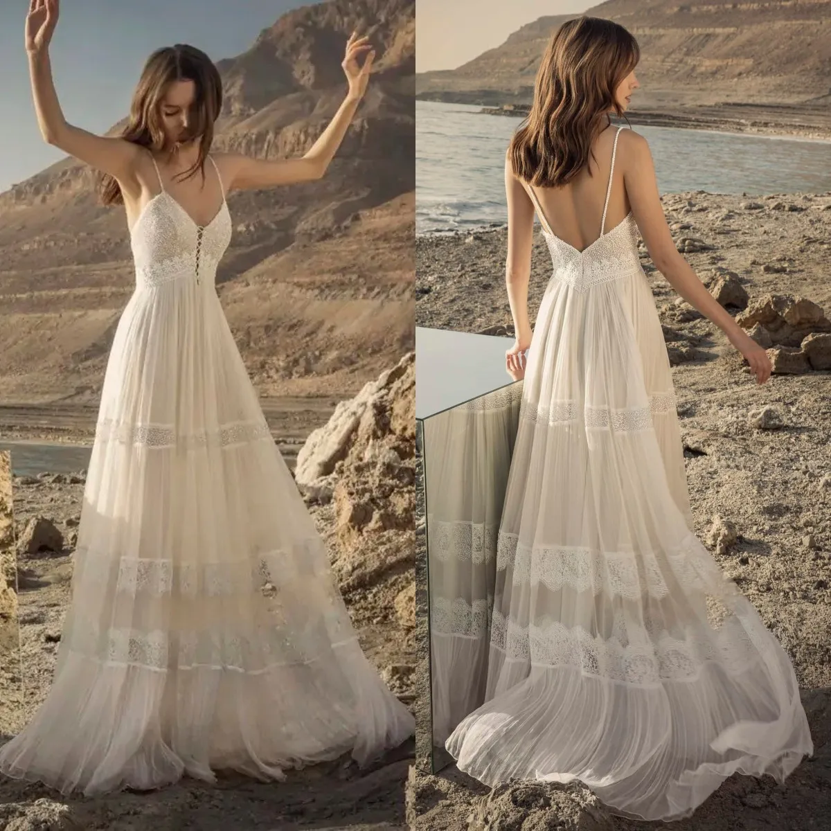 Top Trends: Bohemian 2024 Wedding Dress Tulle Long Spaghetti Strap Neck Beaded Lace Bridal Dresses A Line Wedding Gowns Vestido De Noiva Shoppable Styles