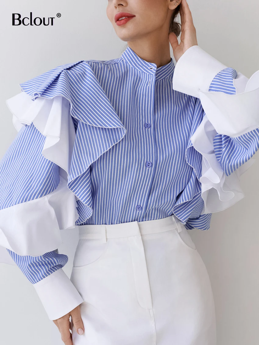 Top Trends: Bclout Autumn Blue Patchwork Shirts Women 2024 Elegant Ruffled Sleeve Office Lady Tops Fashion Striped Loose Party Blouses Chic Shoppable Styles - Image 2