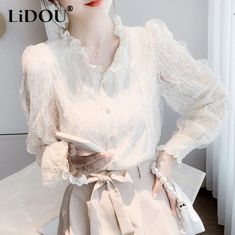 Top Trends: Spring Autumn Women&#039;s Elegant Fashion Ruffles Lace Shirt Ladies Long Sleeve Loose Casual All-match Blouse Female Cardigan Top Shoppable Styles