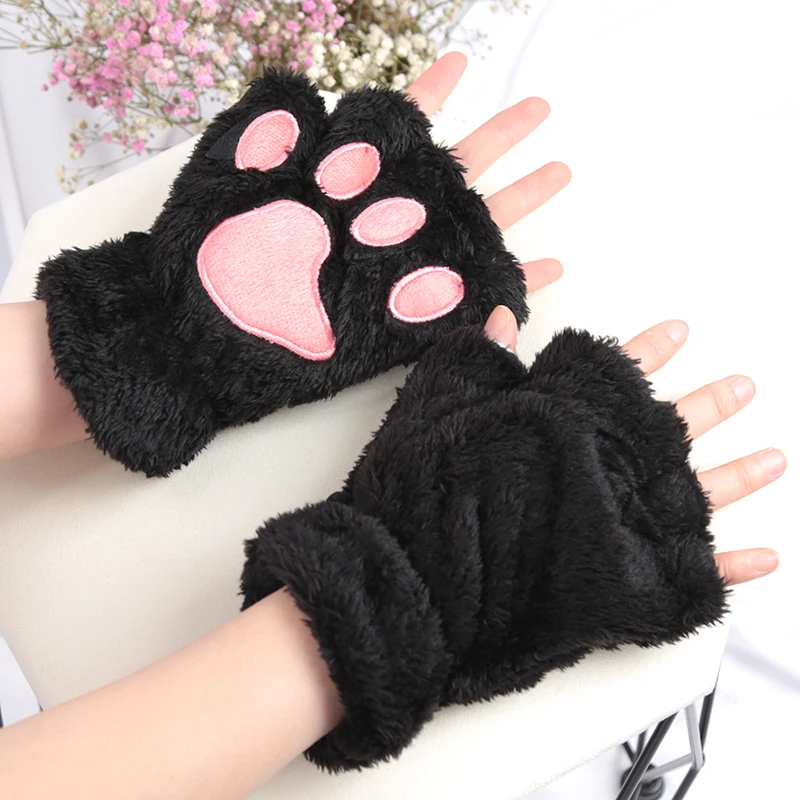 Top Trends: Women Cartoon Cat Claw Gloves Thickened Plush Lovely Style Bear Paw Exposed Fingers Half Winter Mittens Warm Girls Gift Gloves Shoppable Styles