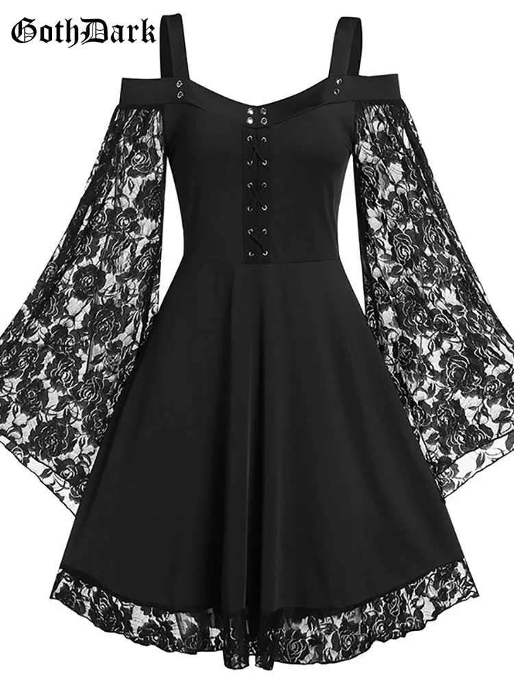 Top Trends: Goth Dark Gothic Aesthetic Vintage Women Autumn Dresses Grunge Lace Patchwork Flare Sleeve Black A-line Dress Punk Partywear Shoppable Styles