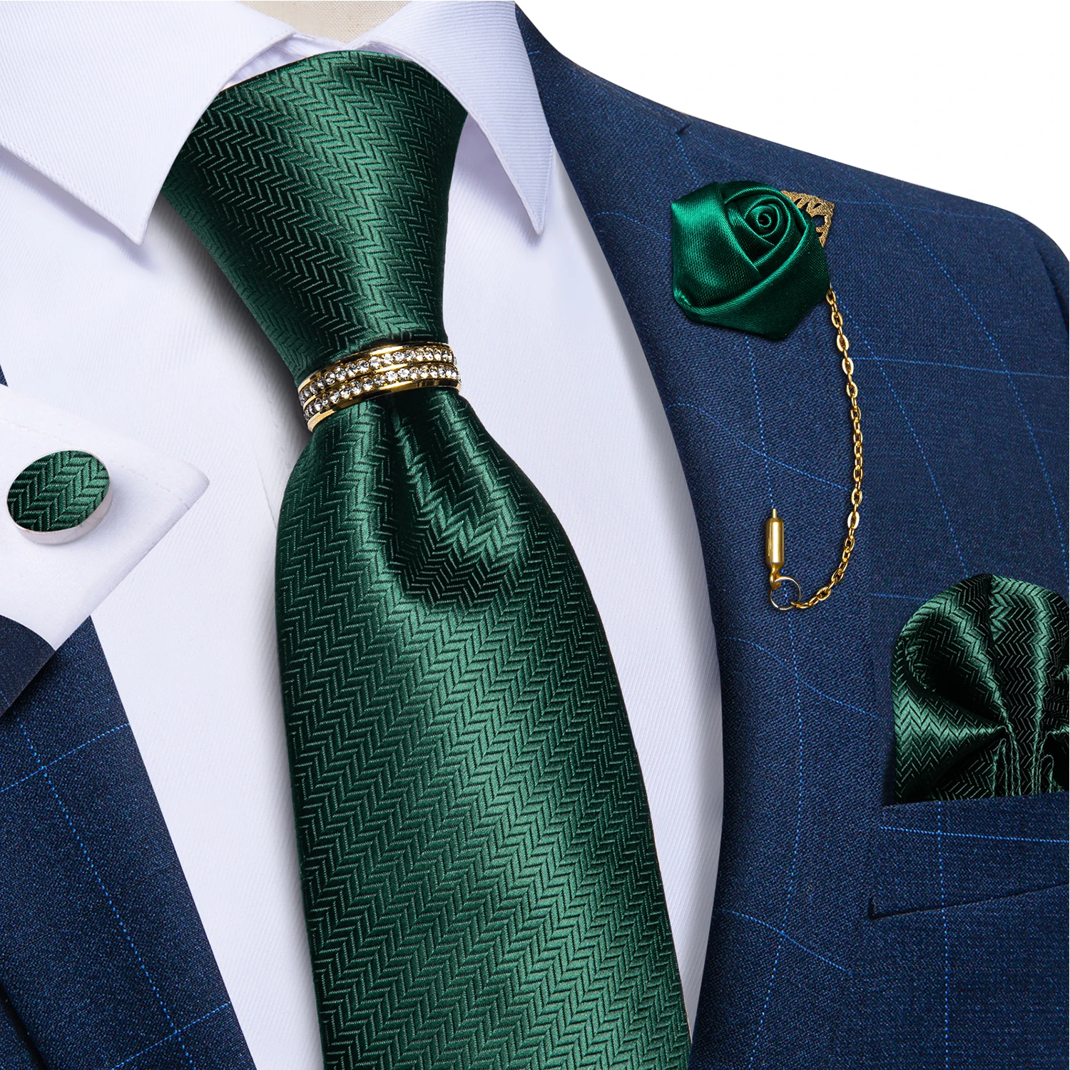 Top Trends: Luxury Dark Green Solid Silk Jacquard Woven Tie Set For Men Fashion Accessories Brooch Pin Gold Ring With Rhinestones Gift DiBan Shoppable Styles