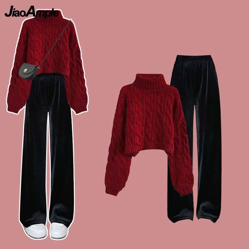 Top Trends: 2023 Autumn / Winter New In Matching Set Women's Korean Elegant High Neck Knitted Sweater Casual Pants Two Piece Female Clothing Shoppable Styles - Image 3