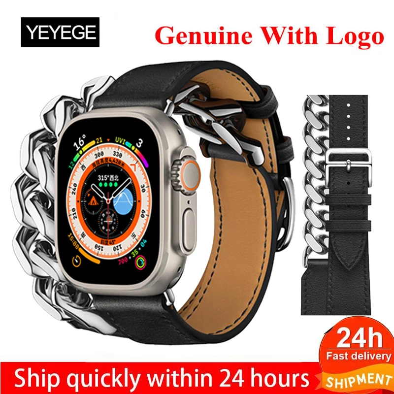 Top Trends: Genuine Gourmette Metal Double Tour Strap For Apple Watch Ultra 2 49mm 44mm 45mm Leather Loop For IWatch 9 8 42mm 41 38 40 Shoppable Styles