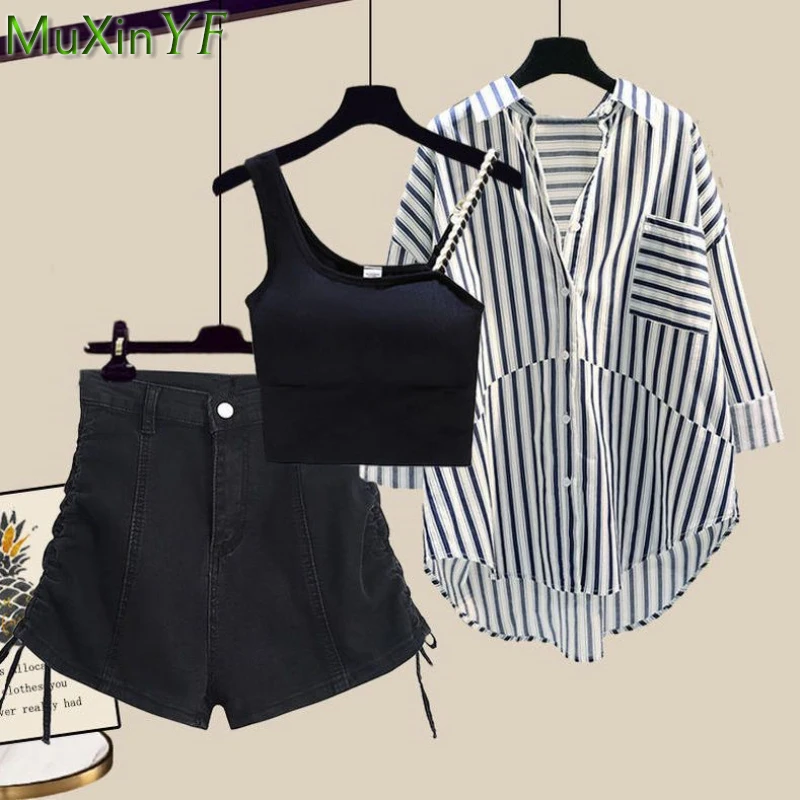 Top Trends: Summer Women's Clothing Set 2023 Korean Lady Casual Loose Stripe Shirt Black Vest Denim Short Pants Outfits Student Streetwear Shoppable Styles