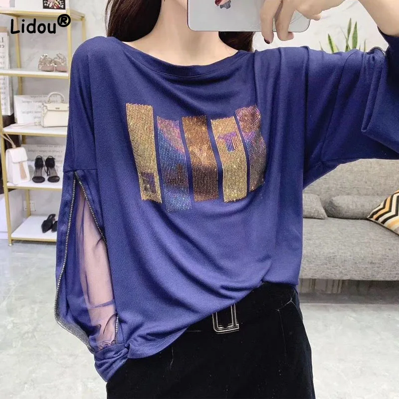 Top Trends: Fashion Casual Lady Diamonds Solid Color T-shirt Trend Temperament Mesh Spliced Long Sleeve Pullovers Tops Women's Clothing Shoppable Styles